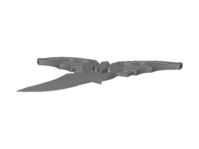 3D model for A futuristic tactical butterfly knife (balisong), highly detailed game-ready 3D asset. Sleek dual skeletonized handles made of matte black carbon fiber with glowing neon-cyan cybernetic accents. A sharp, curved tantō blade made of polished Damascus steel with an iridescent oil-slick / galaxy gradient finish. Modern tactical aesthetic, clean low-poly and high-poly topology, centered pivot pins, weapon skin style.