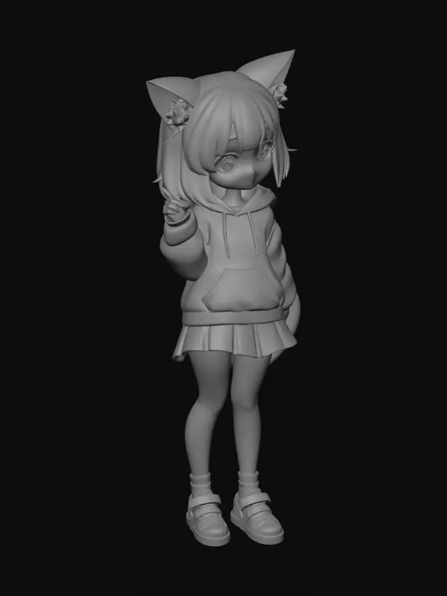 3D model for A stylized modern anime cat girl, full body character design, shoulder-length soft layered hair, expressive large anime eyes, detailed cat ears and fluffy tail, slim proportions, youthful fantasy aesthetic, high-quality cel-shaded anime style, clean linework, subtle blush, detailed hair strands, modern streetwear outfit with oversized hoodie, pleated skirt, thigh-high socks, sneakers, dynamic pose, soft pastel color palette, highly detailed 3D character model, optimized topology, game-ready, smooth shading, high polygon detail, expressive face, VTuber-inspired design, studio lighting, neutral background