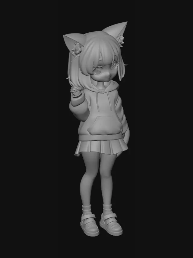 3D model for A stylized modern anime cat girl, full body character design, shoulder-length soft layered hair, expressive large anime eyes, detailed cat ears and fluffy tail, slim proportions, youthful fantasy aesthetic, high-quality cel-shaded anime style, clean linework, subtle blush, detailed hair strands, modern streetwear outfit with oversized hoodie, pleated skirt, thigh-high socks, sneakers, dynamic pose, soft pastel color palette, highly detailed 3D character model, optimized topology, game-ready, smooth shading, high polygon detail, expressive face, VTuber-inspired design, studio lighting, neutral background