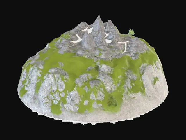 3D model for Majestatyczne wiosenne góry z ostrymi, skalistymi szczytami, częściowo pokrytymi topniejącym śniegiem. Zbocza porośnięte są soczystą, jasnozieloną trawą i młodymi drzewami, przeplatanymi szarymi skałami. W dolinach widać krystalicznie czyste strumienie. Całość charakteryzuje się surową, chłodną teksturą skał i miękką, wilgotną zielenią, w palecie bieli, szarości i żywych zieleni.