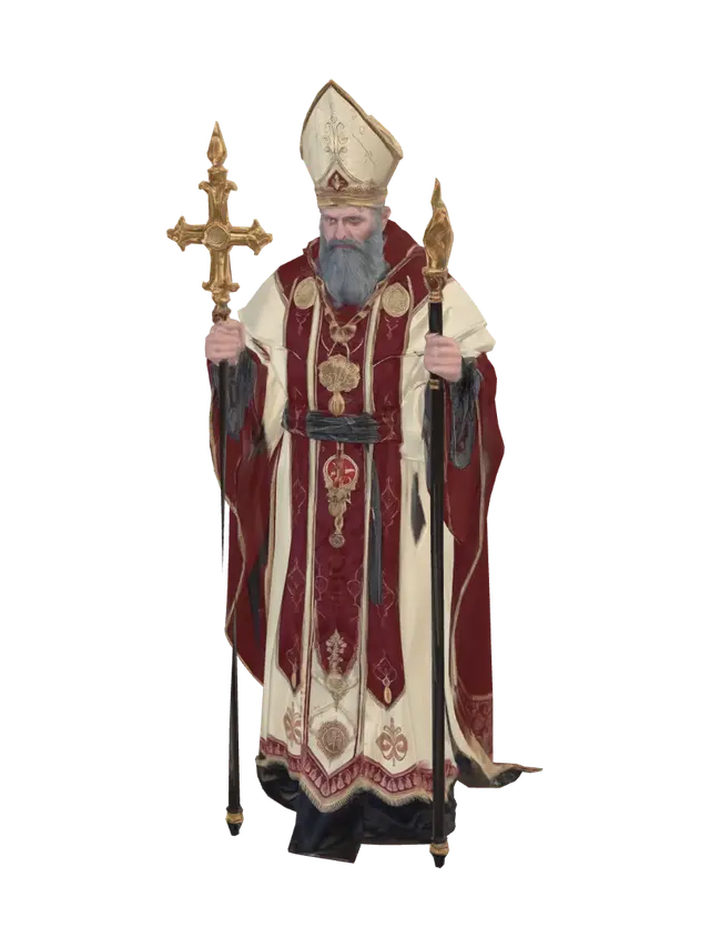 LOW POLY. NOT IN A PLATFORM. A full-body holy bishop in a dark fantasy world of Hell,… - Saint 3D model, vytvořený pomocí AI