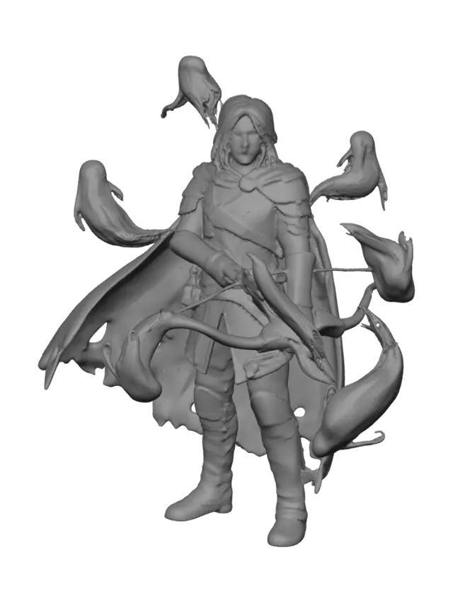 3D model for Dungeons and Dragons rogue of the Phantom subclass, with a tattered black cape and black leather armor. Teal eyes and shoulder-length black hair. wielding a bow with an arrow of spiritual energy and ethereal ghosts around him.