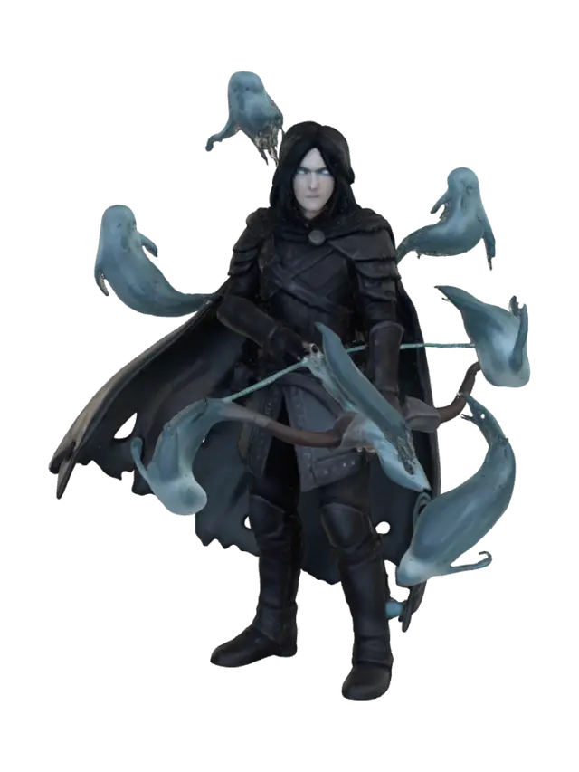 3D model for Dungeons and Dragons rogue of the Phantom subclass, with a tattered black cape and black leather armor. Teal eyes and shoulder-length black hair. wielding a bow with an arrow of spiritual energy and ethereal ghosts around him.