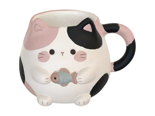 Calico Cat Mug Holding a Fish 3D model, vytvořený pomocí AI