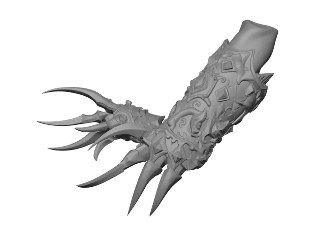 3D model for Create a pair of stylized fantasy forearm claw gauntlets called Blightfang Claws. Heavy armored gauntlets with three long claw blades extending from each hand. Dark metal construction with glowing red crystal accents embedded throughout. Aggressive but family-friendly design. The claws should feel fast and dangerous without looking realistic or gory. Highly detailed game-ready weapon asset. Create left and right gauntlets. Clean topology. No character. No background. Unreal Engine 5 compatible.