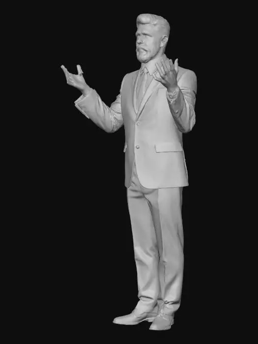 3D model for "A realistic 3D male character in T-pose, age 26–30, with light warm skin tone (#ECC19C). He is wearing a formal outfit: inside a plain white t-shirt, outside a dark green tailored suit with matching trousers, and polished formal shoes. Hairstyle is a clean taper fade suitable for formal look, with a well-groomed ducktail beard. Proportions should be realistic, physique moderately fit and youthful. Style: high-quality 3D model, PBR textures, detailed fabric material for suit (matte finish with subtle weave), realistic skin shading, natural hair and beard grooming. Character prepared in neutral T-pose for rigging and animation."