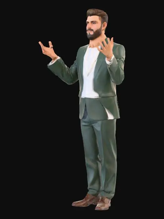3D model for "A realistic 3D male character in T-pose, age 26–30, with light warm skin tone (#ECC19C). He is wearing a formal outfit: inside a plain white t-shirt, outside a dark green tailored suit with matching trousers, and polished formal shoes. Hairstyle is a clean taper fade suitable for formal look, with a well-groomed ducktail beard. Proportions should be realistic, physique moderately fit and youthful. Style: high-quality 3D model, PBR textures, detailed fabric material for suit (matte finish with subtle weave), realistic skin shading, natural hair and beard grooming. Character prepared in neutral T-pose for rigging and animation."