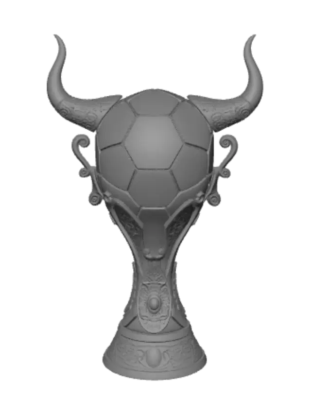 3D model for A world cup trophy, it has a soccer ball as the center and two big bull horns and bulls ornamentation, the ultimate symbol of spanish glory
