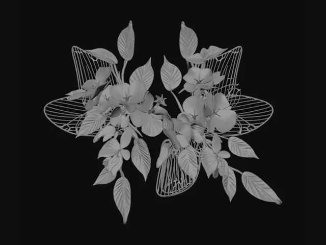 3D model for Ornate floral applique, layered flowers and botanical leaves, luxury couture embellishment, bas relief jewelry design, high detail veins, symmetrical composition, optimized for 3D printing, watertight mesh, minimum thickness 2mm.
