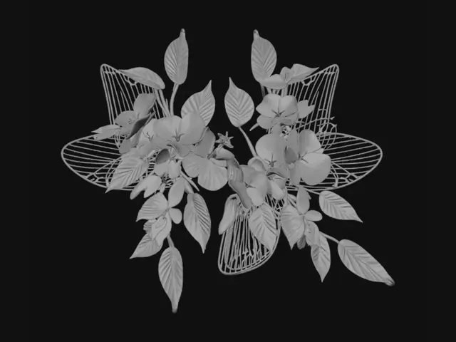 3D model for Ornate floral applique, layered flowers and botanical leaves, luxury couture embellishment, bas relief jewelry design, high detail veins, symmetrical composition, optimized for 3D printing, watertight mesh, minimum thickness 2mm.