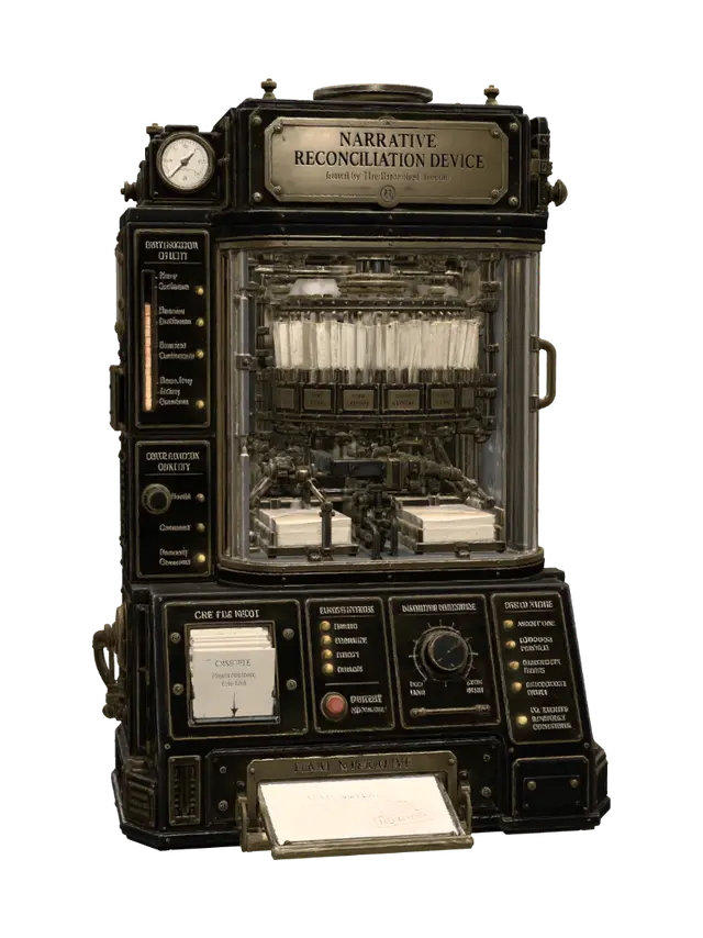 "Narrative Reconciliation Device" - Conceptual 3D model, vytvořený pomocí AI