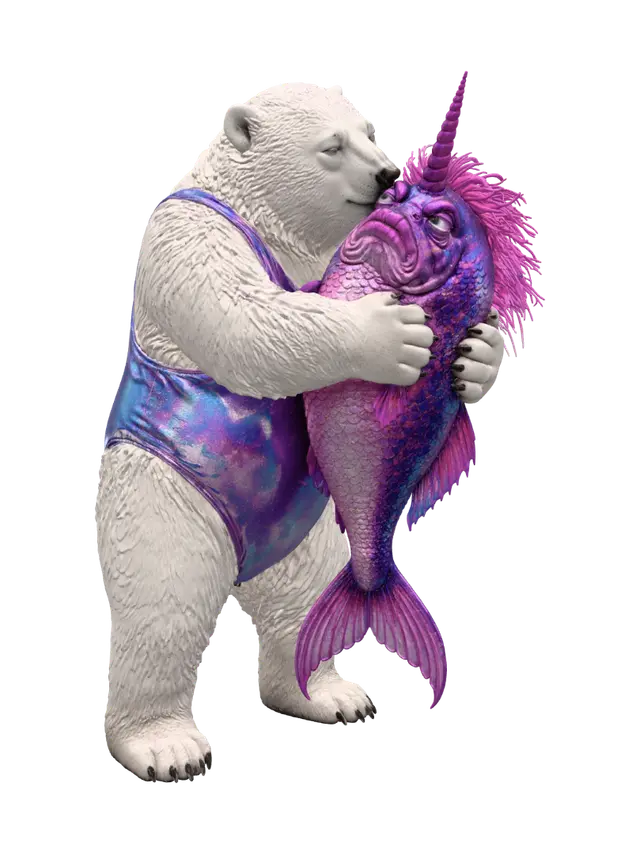 Polar Bear Hugging a Grumpy Unicorn Fish - Hug 3D model, vytvořený pomocí AI