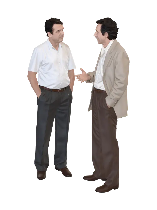Two Men in Conversation 3D model, vytvořený pomocí AI
