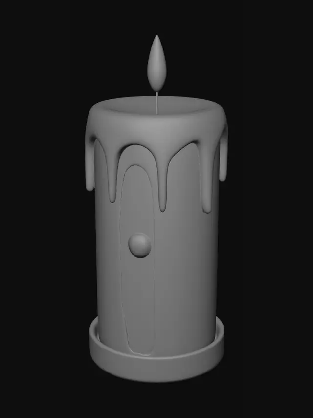 3D model for A decorative 3D printable wax candle,
simple cylindrical base candle,
smooth clean surface with subtle organic imperfections,
melted wax dripping naturally down ONE side only,
controlled wax drips with thick, rounded shapes (not thin strands),
no chaotic or noisy geometry,
no holes in mesh, watertight solid model,
flat stable bottom for 3D printing,
top surface slightly melted and uneven,
no flame, no wick,
minimal Scandinavian home decor style,
high-quality sculpted look,
designed for FDM 3D printing,
all overhangs under 45 degrees,
thick and printable wax forms,
single solid object,
centered composition,
clean edges, no floating geometry