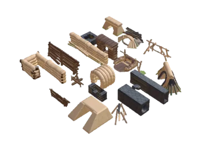 Various WW2 battlefield obstacles such as sandbag walls or tank-traps. Laid out as… 3D model, vytvořený pomocí AI