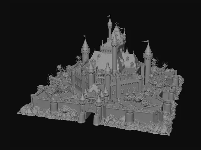 3D model for A diorama of a medieval castle on a mountain. Flags fly from the battlements and the castle is surrounded by a moat with the drawbridge raised. No people, no smoke, flame or particle effects, no pointed towers.