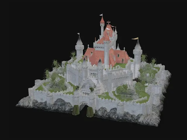 3D model for A diorama of a medieval castle on a mountain. Flags fly from the battlements and the castle is surrounded by a moat with the drawbridge raised. No people, no smoke, flame or particle effects, no pointed towers.