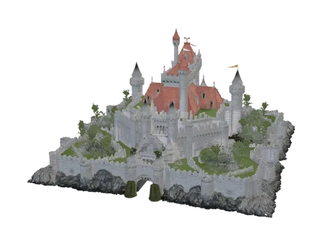 A diorama of a medieval castle on a mountain. Flags fly from the battlements and the… 3D-model, gegenereerd door AI