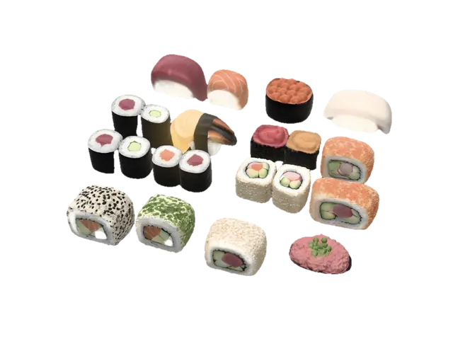 Sushi Sampler Platter 3D model, vytvořený pomocí AI
