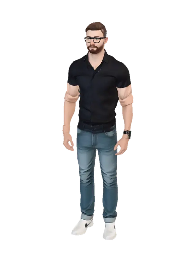 a skinny white man with facial hair on his chin no beard, has glasses black, has… - Humanbody 3D model, vytvořený pomocí AI