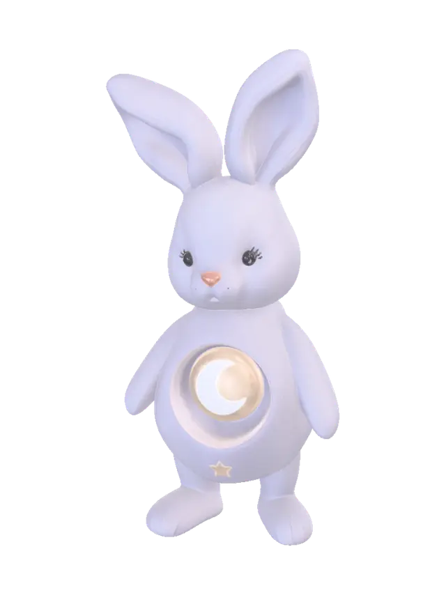 3D model for A tiny moon bunny companion with oversized floppy ears and a round body, soft lavender velvet fur, a transparent crystal window on its belly containing a glowing miniature crescent moon, tiny star-shaped paw pads, dreamy collectible toy aesthetic, cute stylized 3D character, full body, clean readable silhouette, neutral standing pose, smooth rounded geometry, no text, no base, no floating elements.