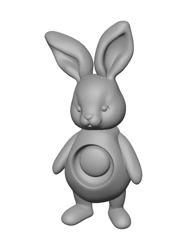 3D model for A tiny moon bunny companion with oversized floppy ears and a round body, soft lavender velvet fur, a transparent crystal window on its belly containing a glowing miniature crescent moon, tiny star-shaped paw pads, dreamy collectible toy aesthetic, cute stylized 3D character, full body, clean readable silhouette, neutral standing pose, smooth rounded geometry, no text, no base, no floating elements.