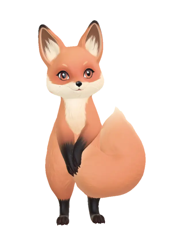 3D model for A small fox companion with a plump body and an oversized curled tail shaped like a glowing paper lantern, warm orange fur with cream markings, subtle translucent amber tail panels, tiny dark paws and bright curious eyes, cozy East Asian fantasy aesthetic, stylized collectible character, full body, stable standing pose, clean connected shapes, no text, no loose ornaments.