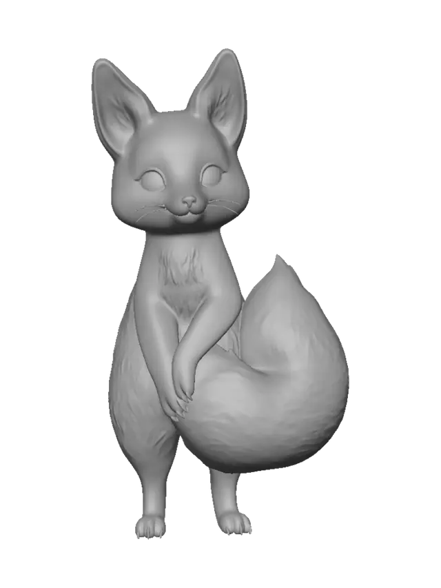 3D model for A small fox companion with a plump body and an oversized curled tail shaped like a glowing paper lantern, warm orange fur with cream markings, subtle translucent amber tail panels, tiny dark paws and bright curious eyes, cozy East Asian fantasy aesthetic, stylized collectible character, full body, stable standing pose, clean connected shapes, no text, no loose ornaments.