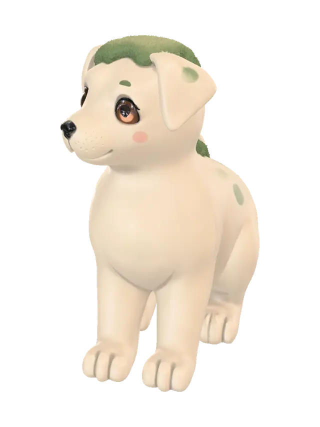 3D model for A loyal puppy companion carved from one rounded river stone, soft patches of living green moss growing naturally over its back and floppy ears, tiny stone paws, warm amber crystal eyes, subtle weathered surface, peaceful nature spirit aesthetic, stylized fantasy collectible, full body, compact chunky silhouette, minimal small details, no ground rocks, no text, no floating plants.