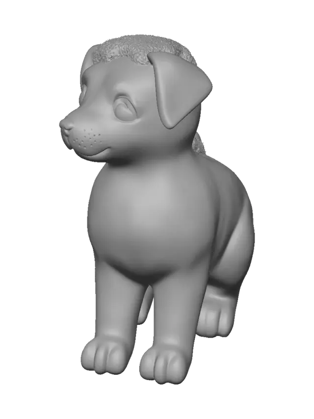3D model for A loyal puppy companion carved from one rounded river stone, soft patches of living green moss growing naturally over its back and floppy ears, tiny stone paws, warm amber crystal eyes, subtle weathered surface, peaceful nature spirit aesthetic, stylized fantasy collectible, full body, compact chunky silhouette, minimal small details, no ground rocks, no text, no floating plants.