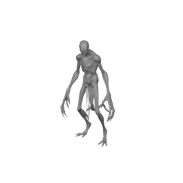 3D model for Create a Roblox-ready 3D horror monster named “The Stalker.” A tall, terrifying humanoid creature with a thin shadow-like body, extremely long arms, sharp claws, glowing white eyes, cracked dark skin, and a creepy abandoned-world design. The creature should look original and scary for a multiplayer survival horror game. Full body character model, game-ready asset, clean topology, humanoid shape, suitable for rigging and animations. Include details for idle, walking, running, and attacking animations. Dark realistic horror style.