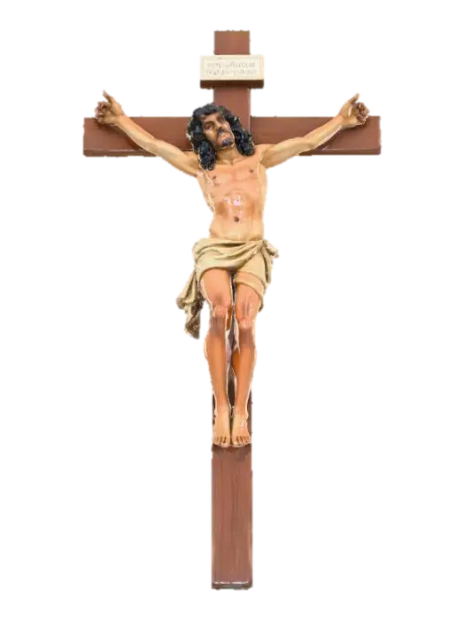 large wooden cross with wooden statue of tortured Christ, authentic, visceral,… 3D model, vytvořený pomocí AI