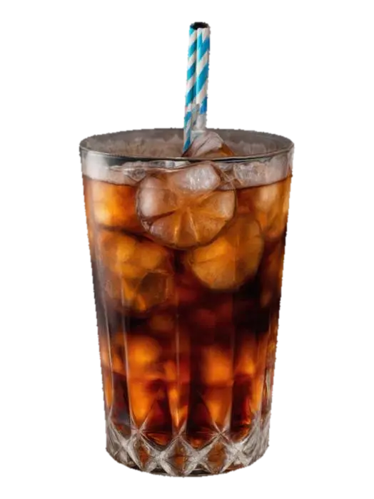 A buarbon and coke in an elaborate glass with ice, straw. - Refreshing 3D model, vytvořený pomocí AI
