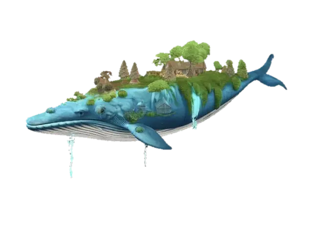 A giant flying whale carrying a small ecosystem on its back, trees, waterfalls… - Ultra 3D model, vytvořený pomocí AI