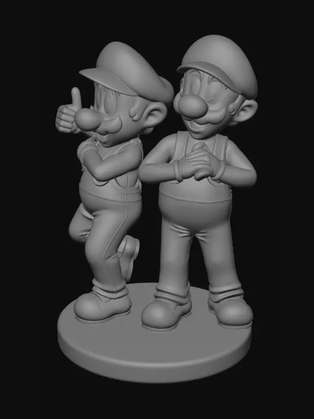 3D model for Mario and Luigi standing close together in a funny, playful pose. Mario is smiling confidently and giving a thumbs-up while leaning toward Luigi. Luigi has a goofy surprised expression with raised eyebrows and open hands. Cartoon-style proportions, detailed hats, gloves, overalls, shoes, and mustaches. Both characters attached to a single display base for stability. High-detail collectible statue, clean topology, smooth surfaces, dynamic pose, family-friendly, vibrant, and optimized for 3D printing. Suitable for resin or FDM printing.

Negative Prompt:

Low poly, broken mesh, floating parts, thin fragile elements, distorted anatomy, realistic proportions, text, logos, watermark, duplicate limbs, weapons, horror, NSFW, non-manifold geometry.