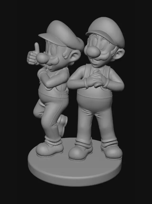 3D model for Mario and Luigi standing close together in a funny, playful pose. Mario is smiling confidently and giving a thumbs-up while leaning toward Luigi. Luigi has a goofy surprised expression with raised eyebrows and open hands. Cartoon-style proportions, detailed hats, gloves, overalls, shoes, and mustaches. Both characters attached to a single display base for stability. High-detail collectible statue, clean topology, smooth surfaces, dynamic pose, family-friendly, vibrant, and optimized for 3D printing. Suitable for resin or FDM printing.

Negative Prompt:

Low poly, broken mesh, floating parts, thin fragile elements, distorted anatomy, realistic proportions, text, logos, watermark, duplicate limbs, weapons, horror, NSFW, non-manifold geometry.