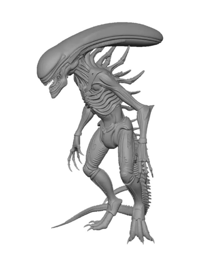 3D model for A highly detailed xenomorph alien creature, full body standing pose,
biomechanical exoskeleton with glossy black carapace, elongated skull,
inner jaw visible, dripping acidic saliva, sharp claws and tail,
intricate H.R. Giger-inspired design, dramatic studio lighting,
isolated on pure white background, no shadows, concept art style,
ultra-detailed, 8K resolution aggressive pose, snarling no background, shadows, texture