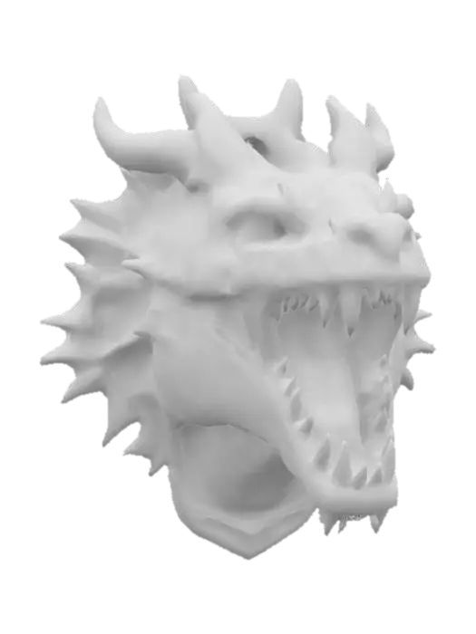 3D model for Ett vägg upphängt realistiskt Drakhuvud med öppen mun rök kommer ut mungiporna och huvudet har mycket taggar runt om. 