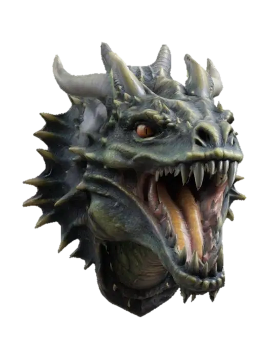 3D model for Ett vägg upphängt realistiskt Drakhuvud med öppen mun rök kommer ut mungiporna och huvudet har mycket taggar runt om. 