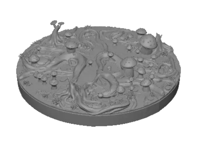 3D model for 3D printable round miniature base, fantasy forest ground texture, twisted tree roots, tiny mushrooms, solid mesh, flat bottom, highly detailed, sharp edges, 3D asset