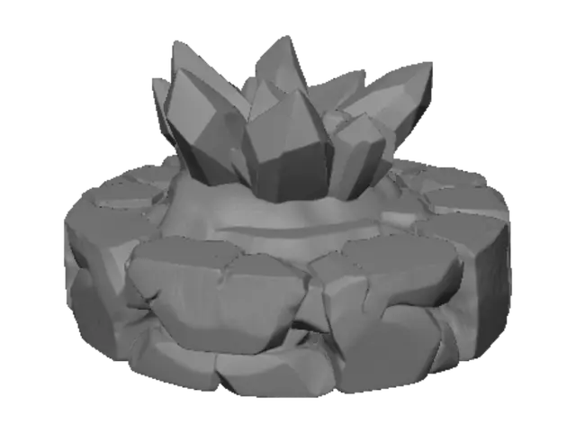 3D model for 3D printable round miniature base, arctic tundra, jagged frozen ice crystals on top of rough stone, solid watertight mesh, flat bottom, sharp low-poly crystal edges