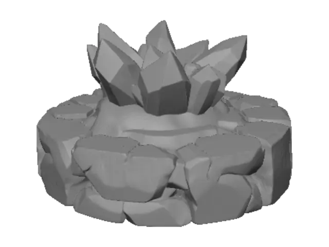 3D model for 3D printable round miniature base, arctic tundra, jagged frozen ice crystals on top of rough stone, solid watertight mesh, flat bottom, sharp low-poly crystal edges