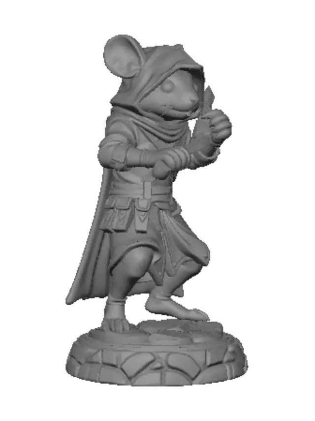 3D model for A 3D render of a tabletop RPG miniature, featuring a mousefolk rogue, D&D character style. Sneaky anthropomorphic mouse thief in a crouching dynamic stealth pose on a small round cobblestone base. Wearing a dark hooded cloak, detailed leather armor, and tiny utility belts with pouches. Holding twin daggers, one blade reversed. Solid neutral grey studio background, detailed texture, digital sculpt, zbrush style, 8k, sharp focus. --ar 1:1