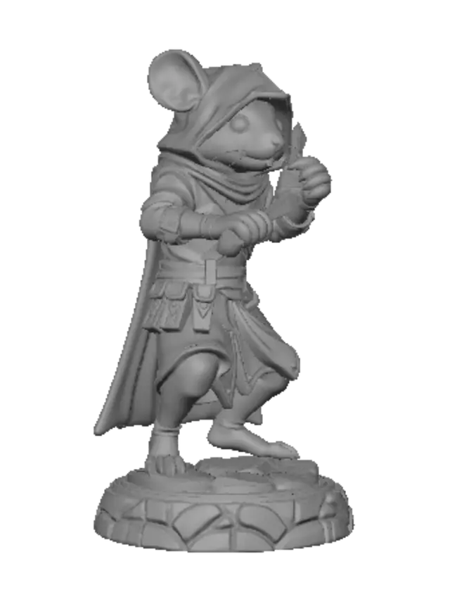 3D model for A 3D render of a tabletop RPG miniature, featuring a mousefolk rogue, D&D character style. Sneaky anthropomorphic mouse thief in a crouching dynamic stealth pose on a small round cobblestone base. Wearing a dark hooded cloak, detailed leather armor, and tiny utility belts with pouches. Holding twin daggers, one blade reversed. Solid neutral grey studio background, detailed texture, digital sculpt, zbrush style, 8k, sharp focus. --ar 1:1