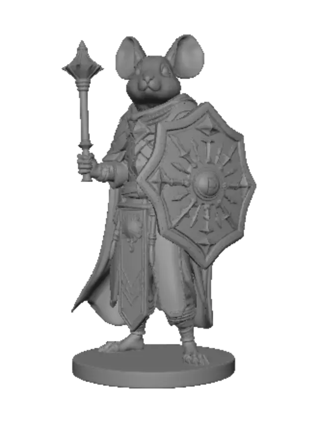 3D model for A 3D render of a tabletop RPG miniature, featuring a mousefolk cleric, D&D character style. Holy anthropomorphic mouse priest standing in a stoic, blessing pose on a small round temple-floor base. Wearing detailed plate armor under heavy flowing religious robes, a tiny hood with ear holes. Holding a flanged mace in one hand and a large shield with a sun holy symbol. Solid neutral grey studio background, detailed texture, digital sculpt, zbrush style, 8k, sharp focus. --ar 1:1