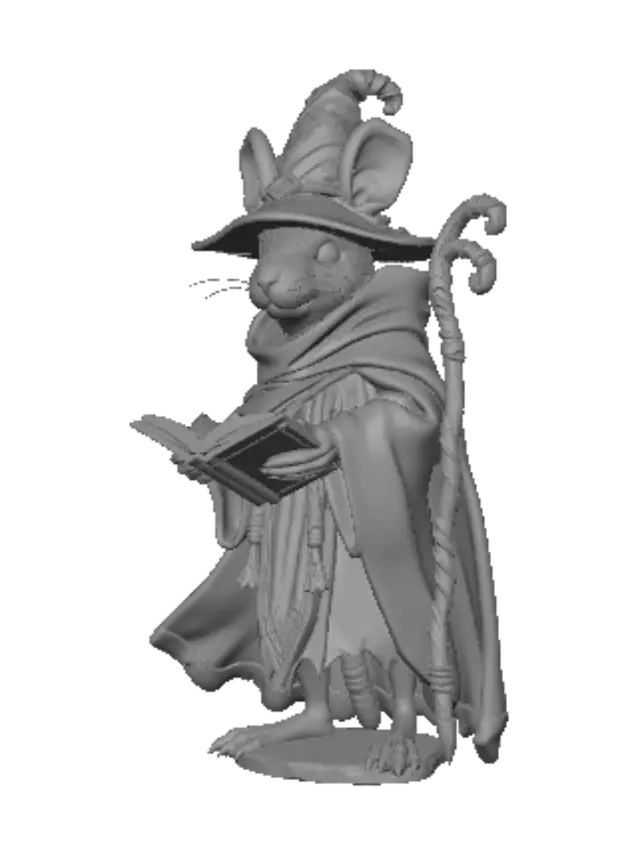 3D model for A 3D render of a tabletop RPG miniature, featuring a mousefolk wizard, D&D character style. Wise anthropomorphic mouse mage standing on a small round magical rune base. Wearing a classic wide-brimmed pointed wizard hat with ear cutouts and a long flowing wizard cloak. Holding a twisted wooden staff topped with a crystal in one paw, and an open spellbook in the other. Solid neutral grey studio background, detailed cloth folds, digital sculpt, zbrush style, 8k, sharp focus. --ar 1:1