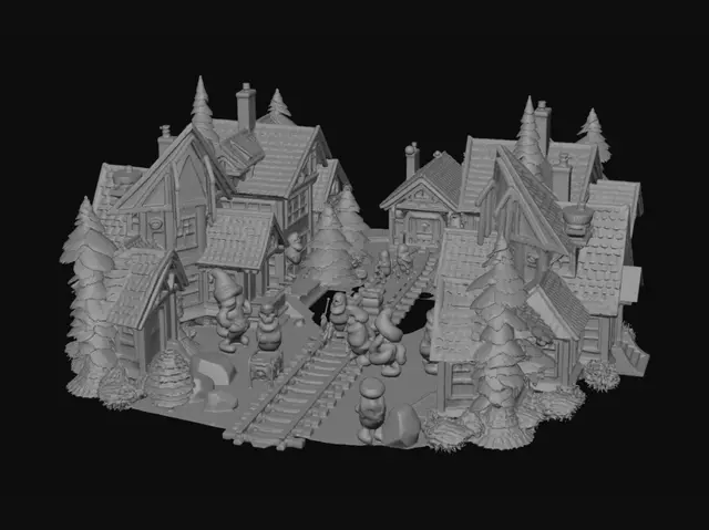 3D model for une vaste forèt fantastique avec un village de nain au racine des arbre et des mine de diamans relié entre elle par des rails ou son transporté les diamant par des wagons .les nains peuples le village et travaillent dans les mines de diamans une pioche a la main. les nains son petit il ont un chapeau rouge qui recouvre leurs yeux une salopette bleu avec un t-shirt manche long gris en dessous et un jean bleu et des chaussure en cuire marron. les maison ont des murs en shaux avec des petite fenetre rectangulère en bois, la toiture est en tuile de diverse couleur . dans un style pixar