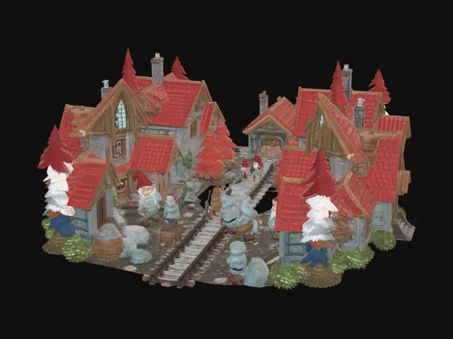 3D model for une vaste forèt fantastique avec un village de nain au racine des arbre et des mine de diamans relié entre elle par des rails ou son transporté les diamant par des wagons .les nains peuples le village et travaillent dans les mines de diamans une pioche a la main. les nains son petit il ont un chapeau rouge qui recouvre leurs yeux une salopette bleu avec un t-shirt manche long gris en dessous et un jean bleu et des chaussure en cuire marron. les maison ont des murs en shaux avec des petite fenetre rectangulère en bois, la toiture est en tuile de diverse couleur . dans un style pixar