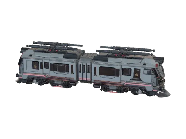 un train avec plusieurs trams futuriste blindé avec des armes dessus . avec un style… - Tram 3D model, vytvořený pomocí AI