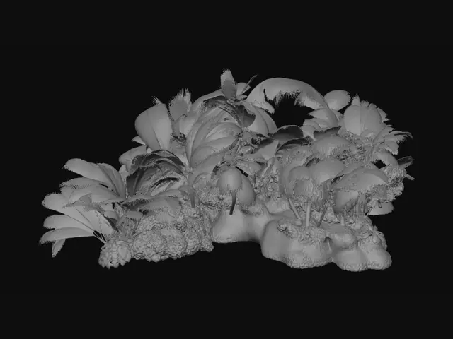 3D model for ile tropicale très ensoleillé avec des palmier , des fougères , pas mal de végétation et une plage de sable fin . dans un style ultra réaliste .